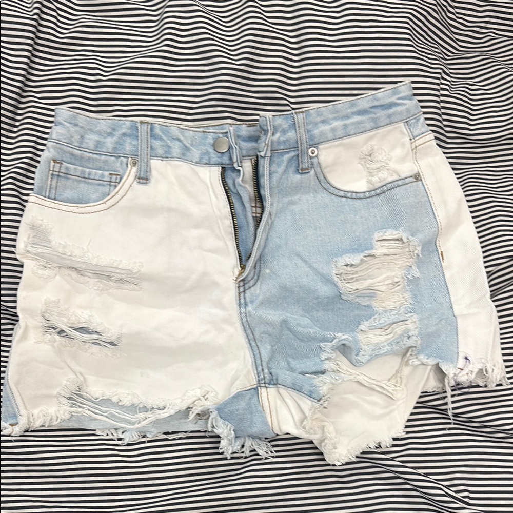 Two-Tone Distressed Denim Shorts